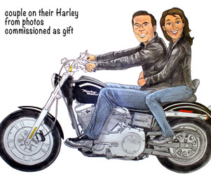 Caricature of a man and woman on a motorcycle